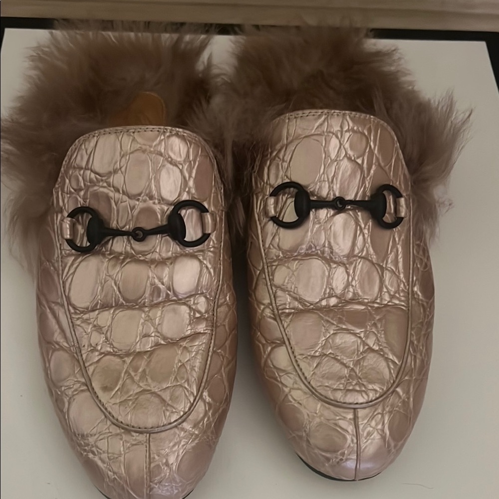 Gucci Rose Gold Croc-Embossed Fur Loafers